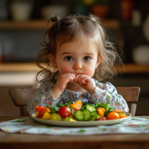 Child eating plate of vegetables